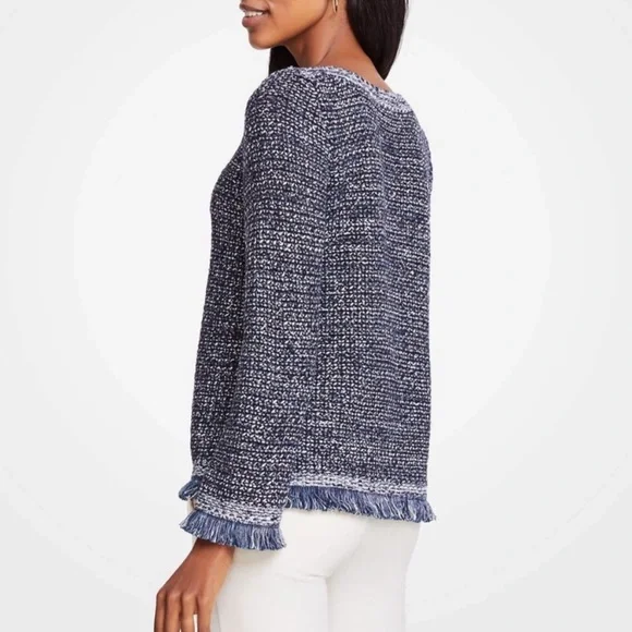 Ann Taylor Women Sequin Fringe Navy & White Metallic Chunky Knit Sweater Size XL - Picture 3 of 9